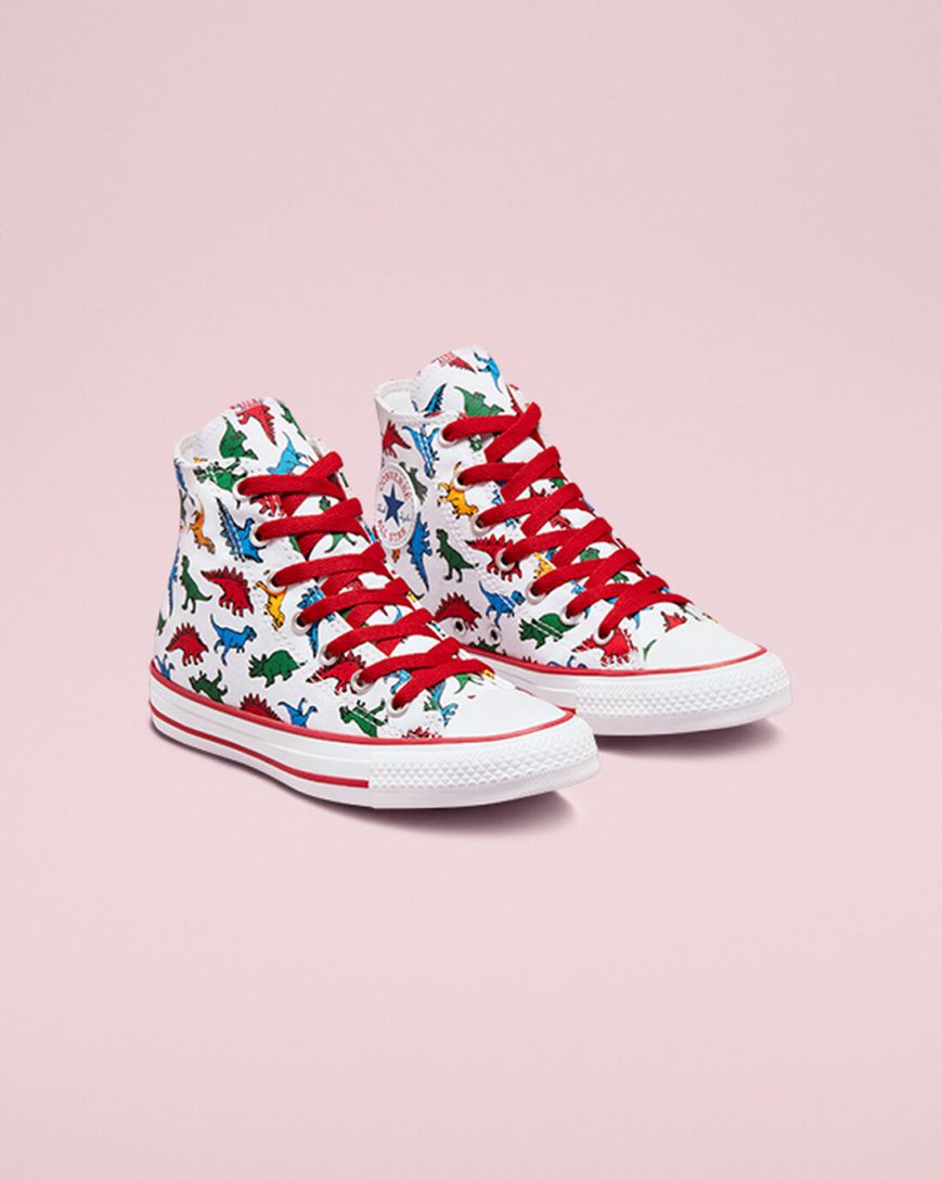 Tenis Converse Chuck Taylor All Star Dinosaurs Cano Alto Menino Branco Vermelhas Azuis | PT W080T19